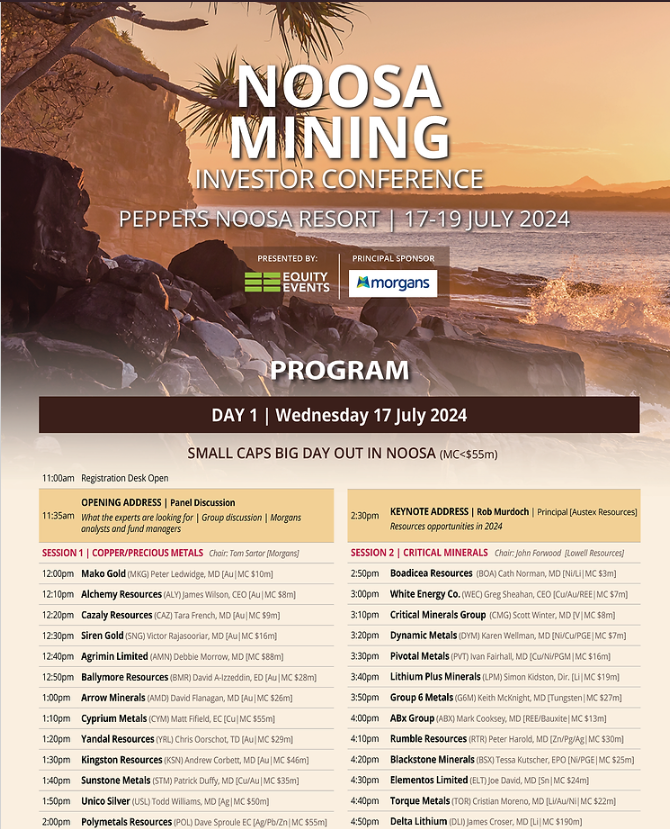 Noosa Mining Conference (Australia) kicks off tomorrow at 12pm 17th July AEST. A plethora of #gold #silver #uranium #lithium #copper #coal #hydrogen and others presenting. You can register online to watch here
noosaminingconference.com.au/program