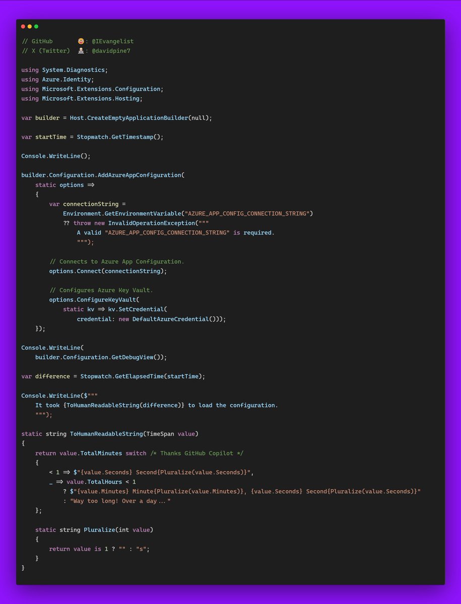davidpine7's tweet image. Why on earth does it take Azure App Config (when backed by Azure Key Vault w/ literally only two secrets) in the same data center take 48 seconds to load? 
🙉 🙈  🙊

1. Project.csproj
2. Program.cs
3. Debug Window

#dotnet #azure #appconfig
