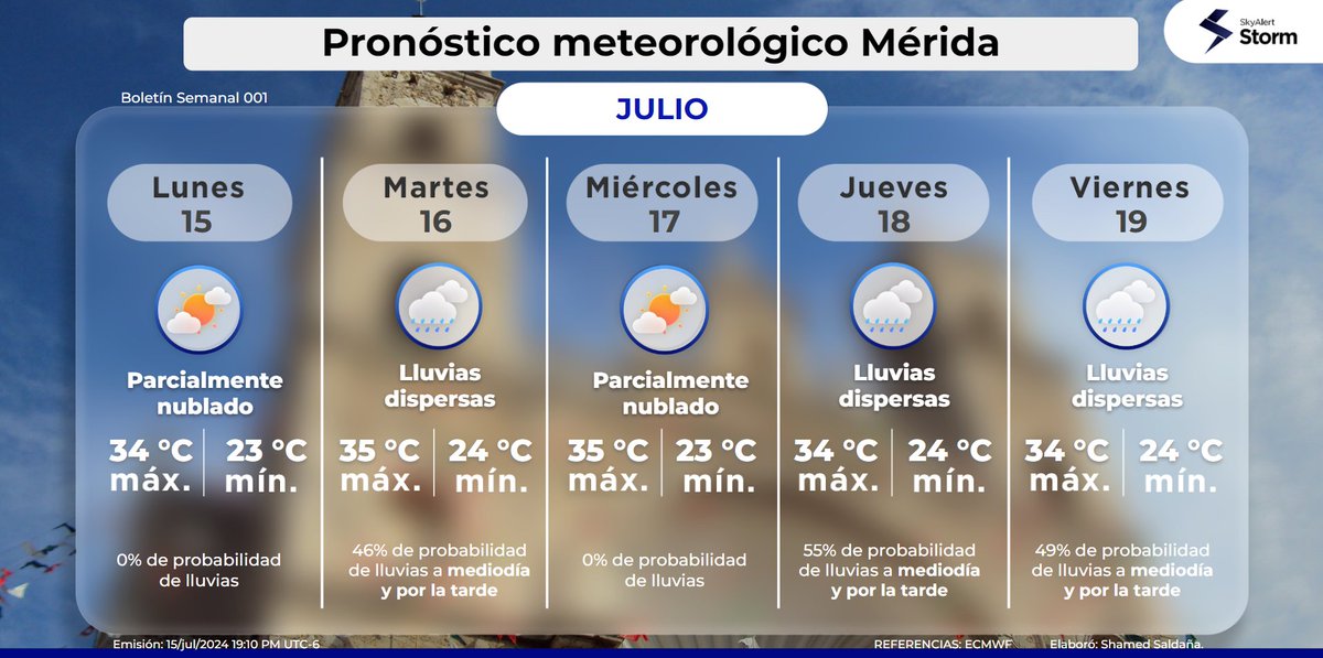SkyAlertStorm's tweet photo. 🧳✈️🏖️ ¿Sales de vacaciones esta semana? Ha llegado el #PronósticoDelTiempo semanal del 15 al 19 de #julio para #Mérida, #LosCabos y #Cancún:
🌤️ Parcialmente soleado en Los Cabos.
🌧️ Debido al paso de las ondas tropicales, hay probabilidad de presencia de #lluvias dispersas en la península de Yucatán por la tarde.
🌀🚫 No se pronostican ciclones tropicales en los próximos 7 días.