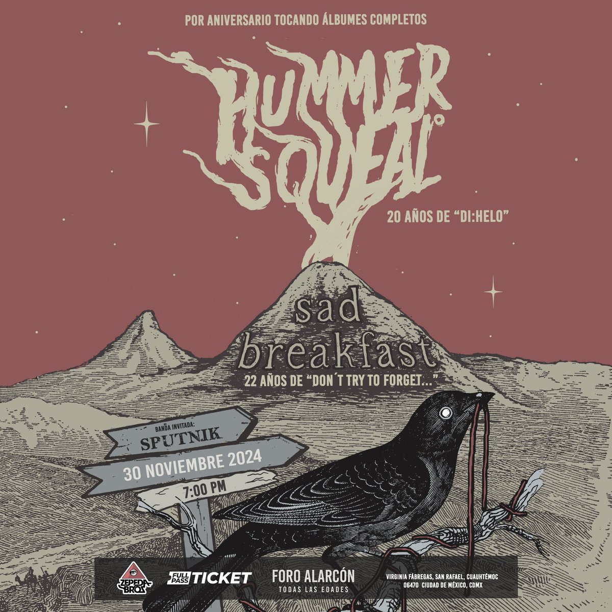 ¡Este 30 de noviembre, celebremos el aniversario de dos discos icónicos en la historia de Hummersqueal y Sad Breakfast! “Di:Helo" y "Don't Try to Forget..." serán tocados en su totalidad en un show único y memorable. Tickets: fullpass-ticket.com/hummersqueal-&…