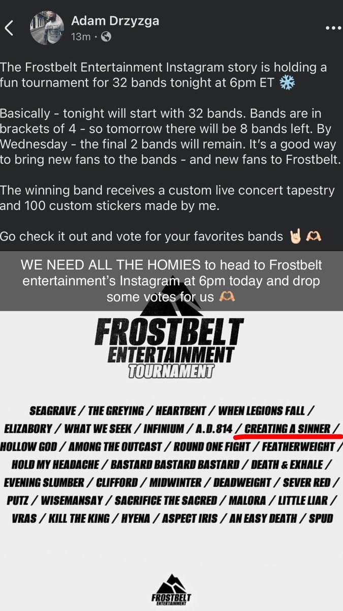 CreatingASinner's tweet image. Click the link and go drop us a vote! 
Share the voting story to your Instagram story for a chance to win a free shirt!

instagram.com/stories/frostb…