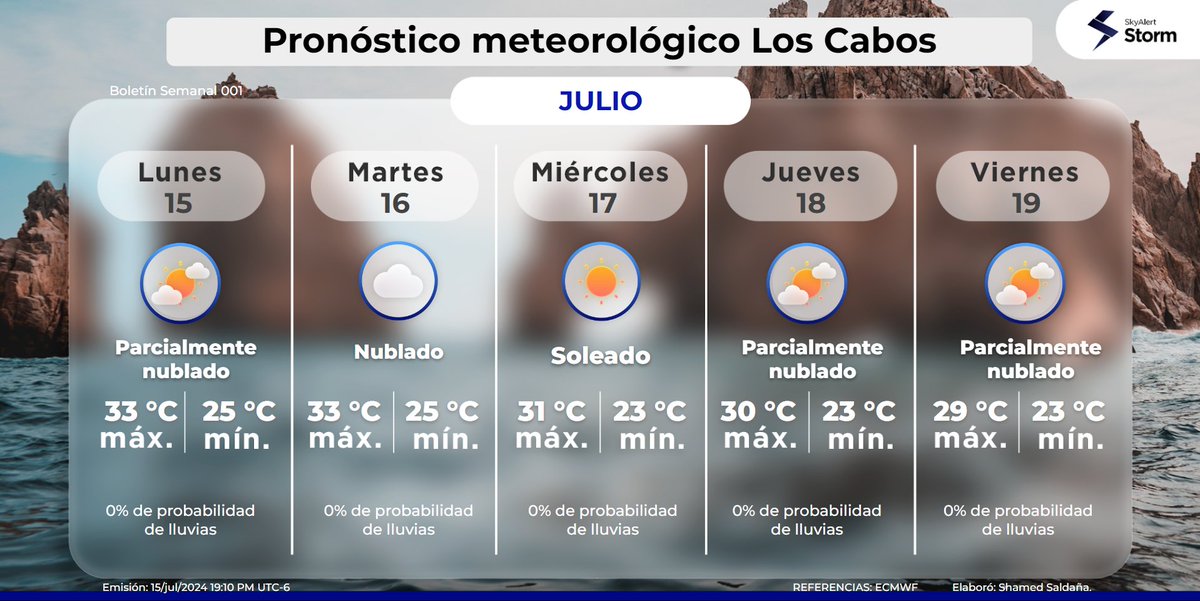 SkyAlertStorm's tweet photo. 🧳✈️🏖️ ¿Sales de vacaciones esta semana? Ha llegado el #PronósticoDelTiempo semanal del 15 al 19 de #julio para #Mérida, #LosCabos y #Cancún:
🌤️ Parcialmente soleado en Los Cabos.
🌧️ Debido al paso de las ondas tropicales, hay probabilidad de presencia de #lluvias dispersas en la península de Yucatán por la tarde.
🌀🚫 No se pronostican ciclones tropicales en los próximos 7 días.