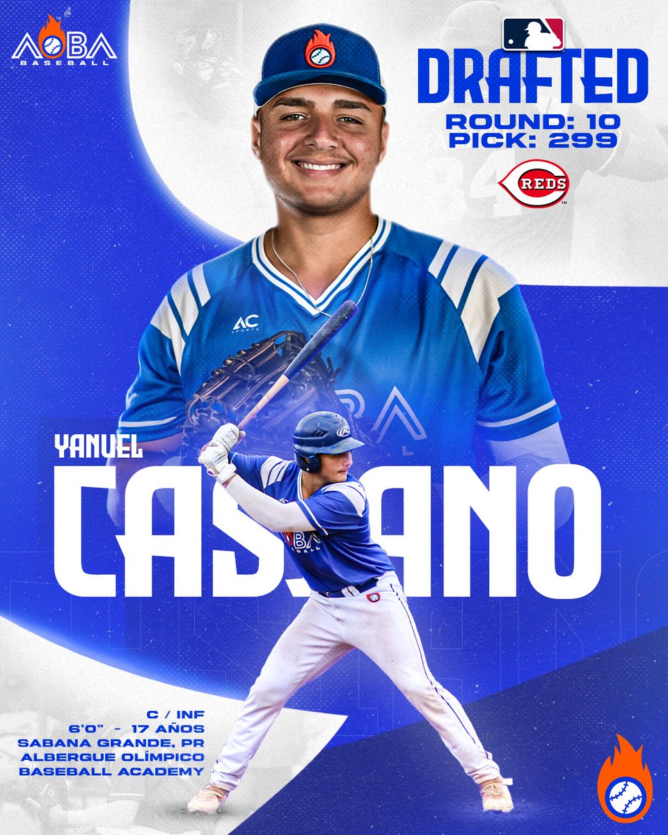 AOBAScouting's tweet photo. Yanuel Casiano has been selected in the 10th Round, Pick 299 by the @Reds. For the first time in our school history, one of our alumni has been drafted by any team in the @MLB 

#MLBDraft2024 https://t.co/g3jZXSA1mm