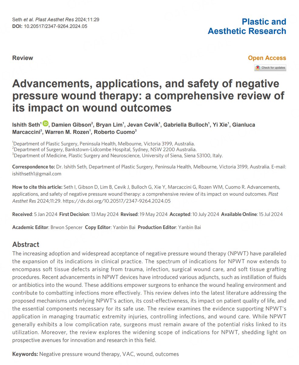 PARjournal's tweet photo. 👏Just published: Advancements, applications, and safety of negative pressure wound therapy: a comprehensive review of its impact on wound outcomes 
🤵Dr. Ishith Seth, Prof. Warren M. Rozen, and Prof. Roberto Cuomo...
Free to download: https://t.co/xpX3v3qLzS https://t.co/0jJnZShHXo