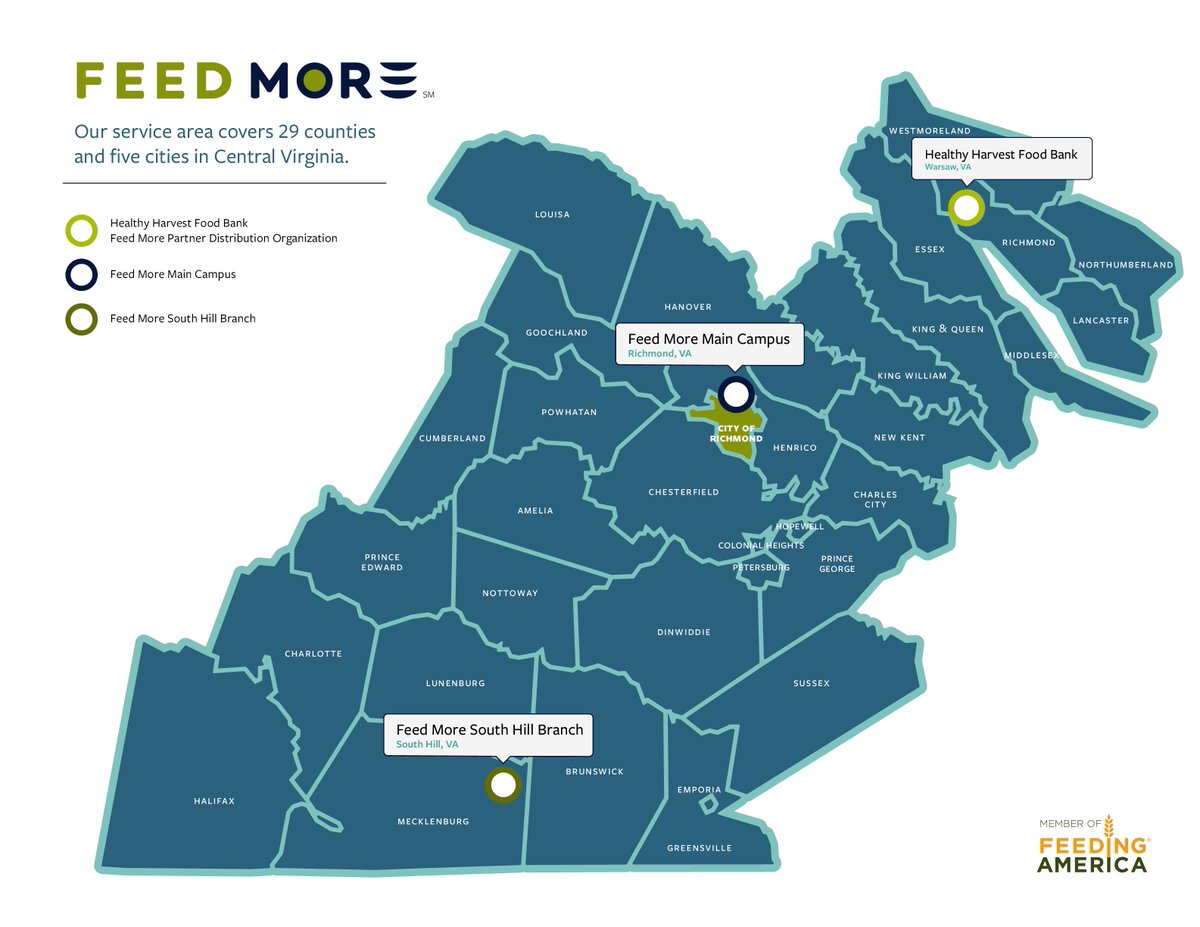 FeedMoreInc's tweet photo. From the Northern Neck out west to Louisa and all the way down to the North Carolina line, with your support, we're here for our neighbors when they need us most.

#FeedMore #CentralVA #WorkingTogether #Nonprofit https://t.co/zuJSrqLFc8