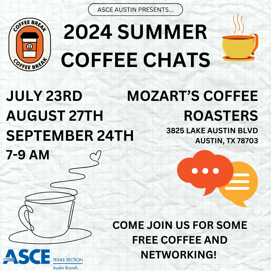 asceaustin's tweet photo. 🌞⛱️☕️ Missing our ASCE events this summer? Register now for our summer Coffee Chat series for some free coffee and some great company! https://t.co/pvaZdvAd1S