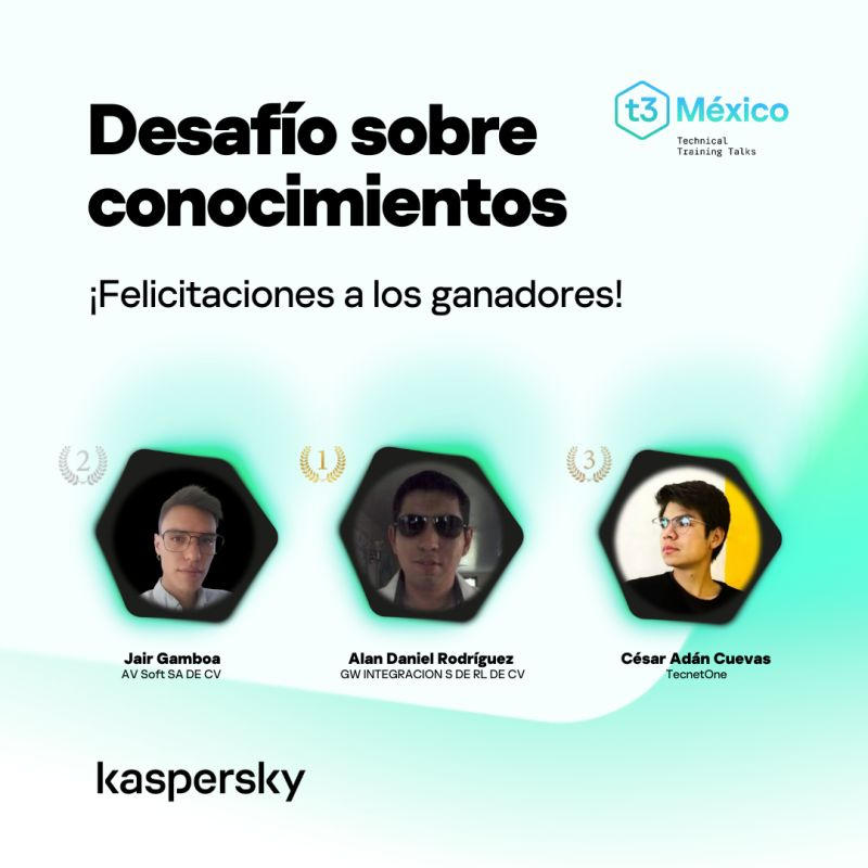 GWIntegracion's tweet photo. 📷 Muchas felicidades a nuestro Director de Ingeniería Alan Rodríguez por haber obtenido el 1er lugar en el desafío de conocimientos técnicos en el #Kaspersky T3 Bootcamp México 2024 https://t.co/Jph41usg6f