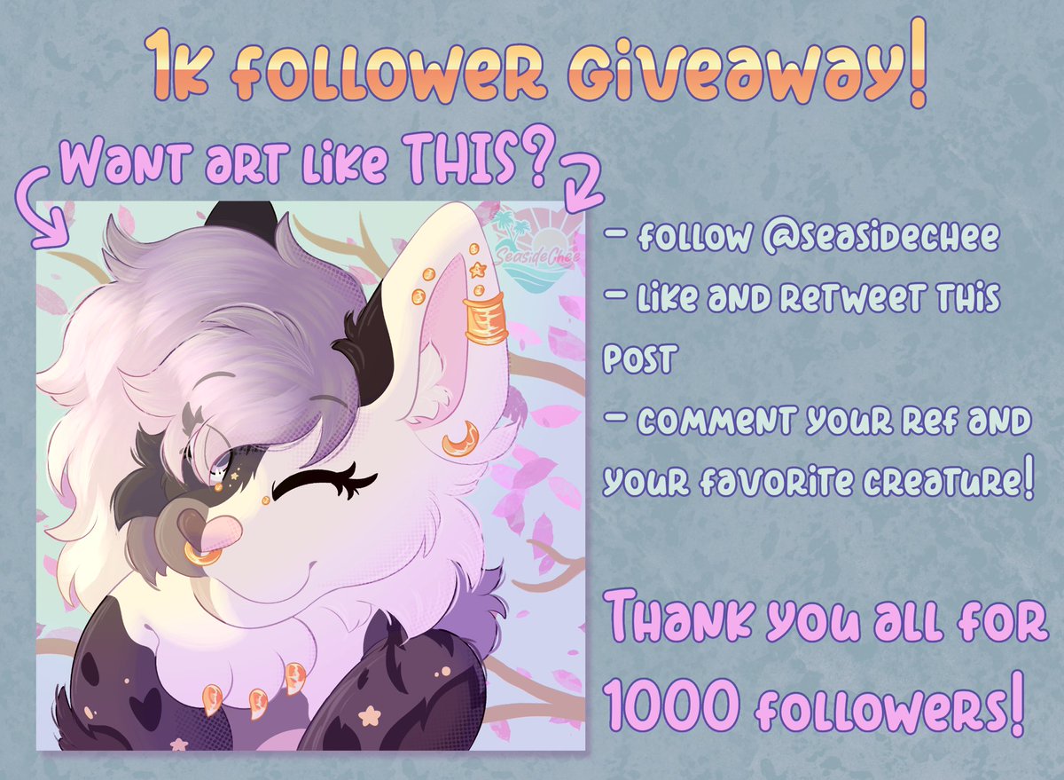 SeasideChee's tweet image. WOAH, 1k Followers?!!

To celebrate I’m doing a giveaway for a fully rendered icon of a character of your choice

To enter
🌸 Follow @seasidechee
🌸 Like &amp;amp; Rt this post!
🌸 Post your ref and favorite creature in the comments!

🌺 Ends 7/22
🌺 adding an extra icon per 100 rts!