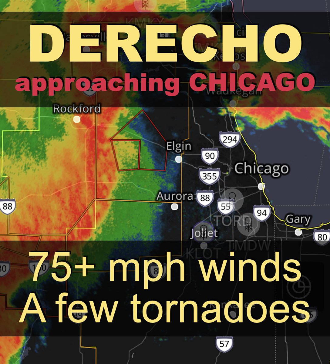 Chicago – a dangerous #derecho is approaching with widespread 70-80 mph winds, and a few gusts to 90 mph. PREPARE NOW.
What to do:
– locate part of home away from windows/possible falling trees
– ensure electronics are charged
– move cars away from trees
– stow patio furniture
