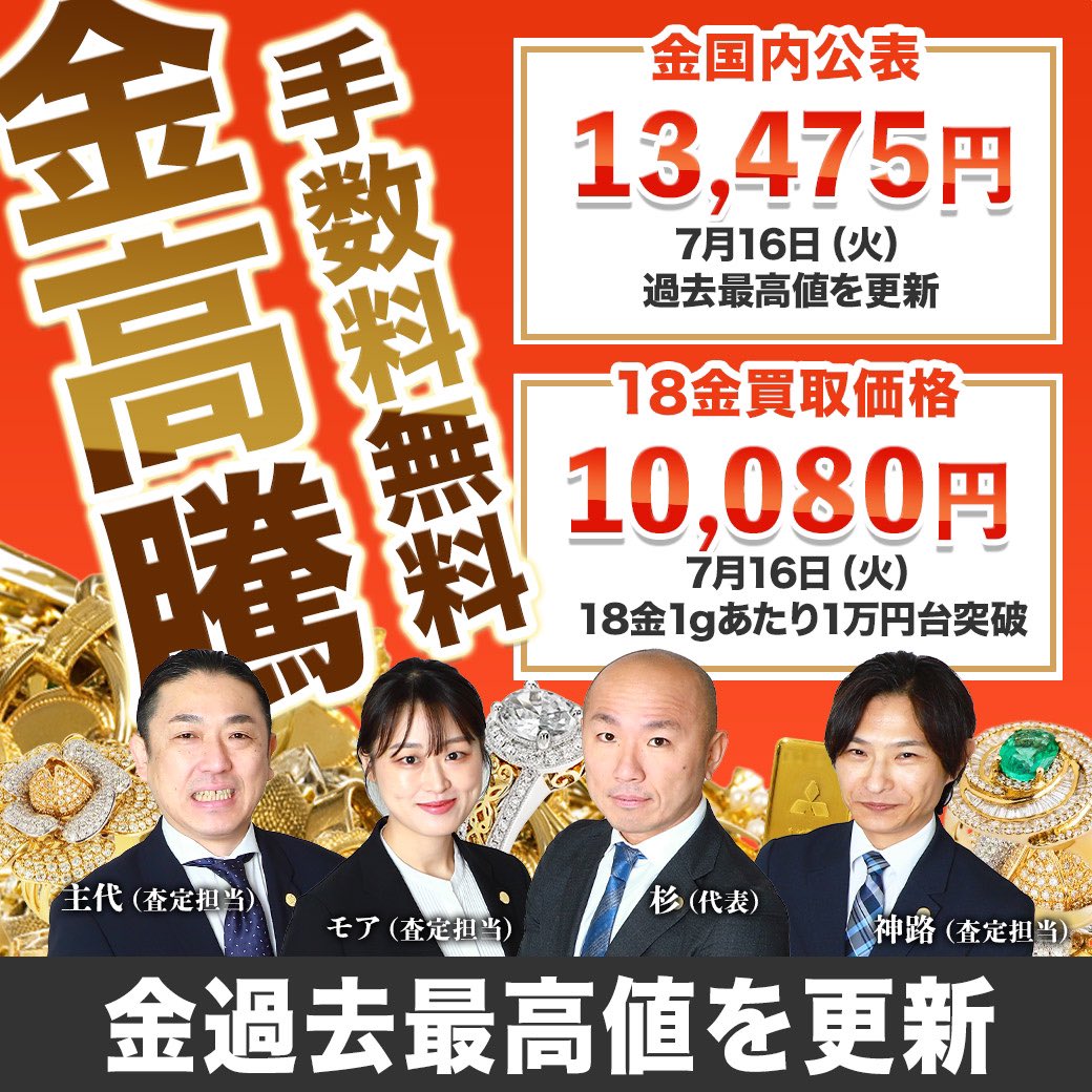 ✨金過去最高値更新！✨ 📈金国内公表価格/g 13,475円(前日比 13円🔺) 📈18金買取価格/g 10,080円(前日比 10円🔺)  夜20時まで営業✨手数料無料・ご予約不要の店頭買取、是非是非ご利用ください💰 電話：0120-954-679