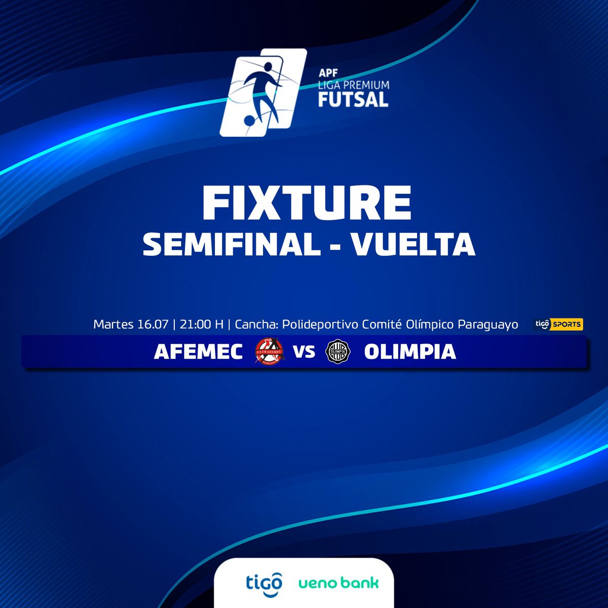 FutsalAPF's tweet photo. #LigaPremium2024⚽️ 

📃 Conforme a la resolución del Tribunal Disciplinario de la APF, la Divisional de Futsal FIFA comunica los detalles de la reprogramación del partido de vuelta entre Afemec y Olimpia, correspondiente a la semifinal de la Liga Premium 2024.

📌 Afemec 🆚 Olimpia.
🗓️ Martes 16 de julio.
⌚️21:00 h.
🏟️ Comité Olímpico Paraguayo. 
📺 @TigoSportsPY 

#FutsalAPF🇵🇾