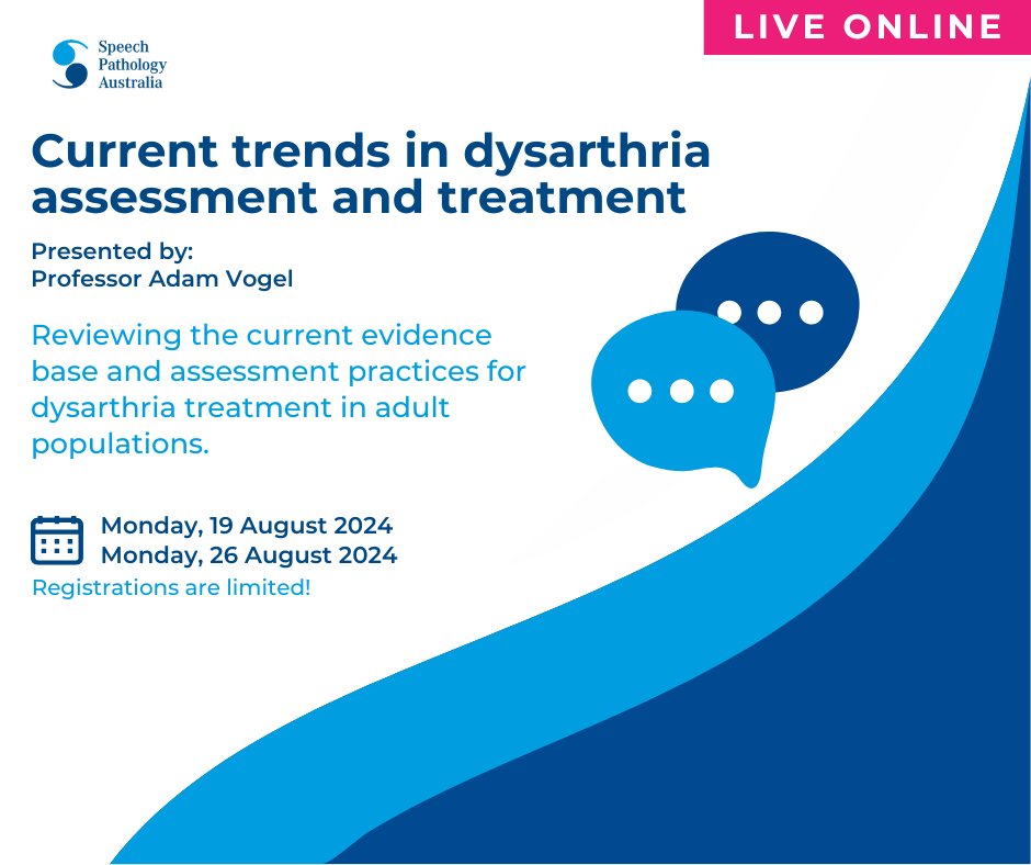 Join Prof Adam Vogel next month as he presents this LIVE Online event reviewing the current evidence base and assessment practices for dysarthria treatment in adult populations. 

speechpathologyaustralia.org.au/EventDetail?Ev…