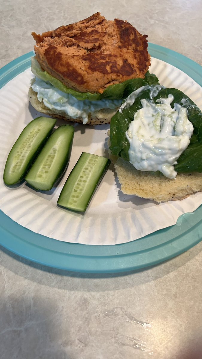 starlit's tweet photo. #coffeebreakcooking 
1. start with a roasted whole salmon for weekend dinners &amp; then 2. turn the leftovers into salmon burgers served with tzatziki made with garden cucumbers #yum #foodicook #investmentcooking #leftovers #stuffhegrows #mediterraneandiet https://t.co/pYgKT5tZYQ
