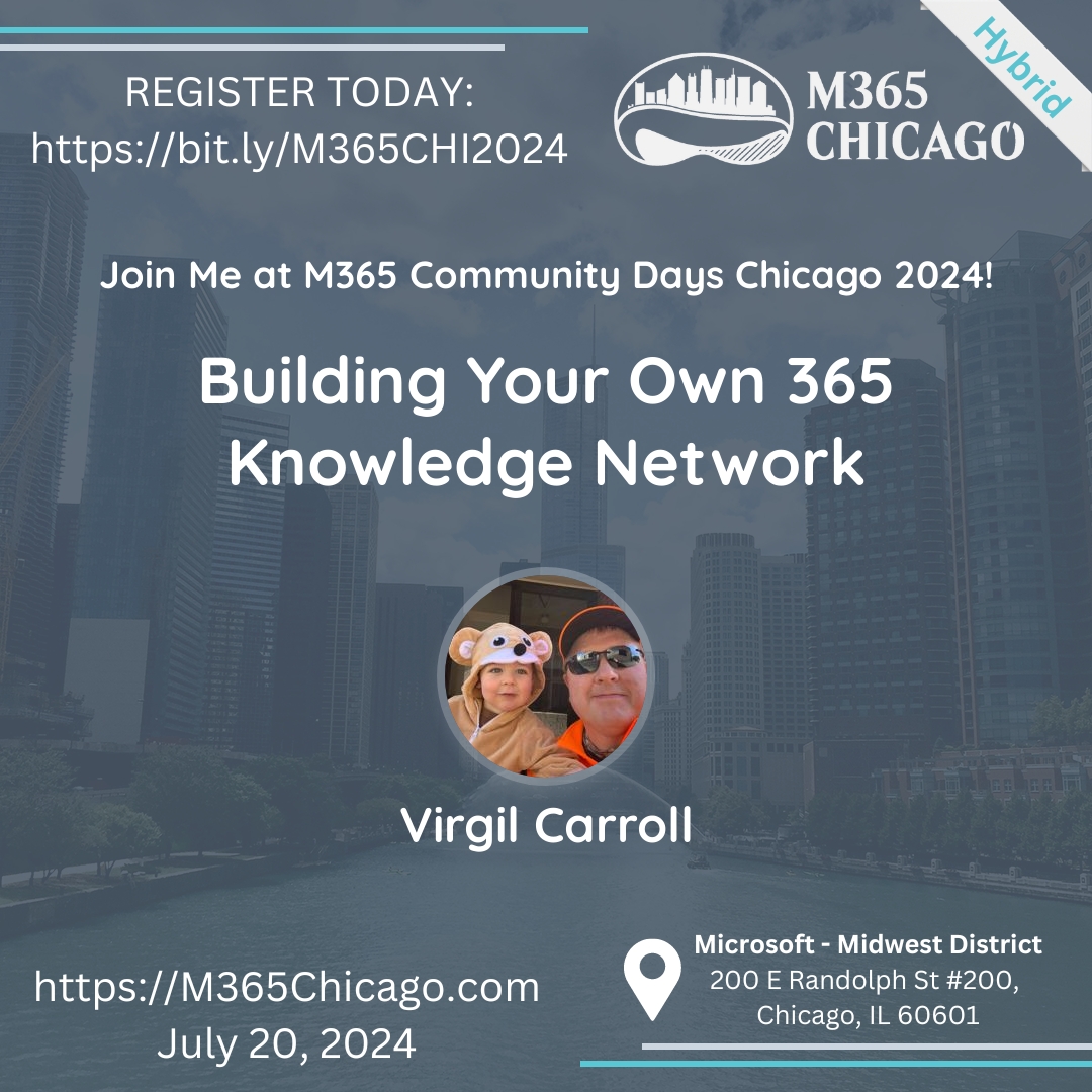 Unlock the power of collective organizational knowledge! 🚀 <a href="/vcmonkey/">Virgil Carroll</a> as he guides you through Office 365's knowledge mgmt components, including Search, SharePoint Premium, and Microsoft Viva. 📚 #M365Chicago #M365 #CommunityLuv #CommunityRocks bit.ly/3Vpvn8S