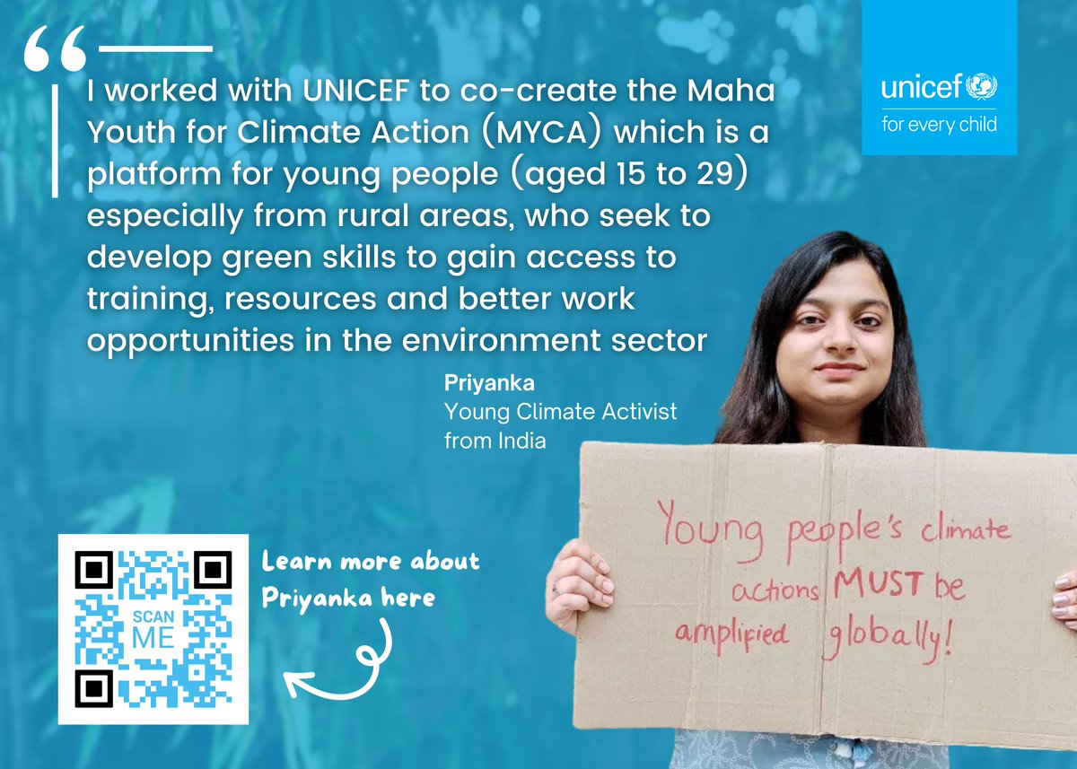 UNICEFEducation's tweet image. Young people are leading the change and taking #ClimateAction 💪🌎
Priyanka is proof that when we invest in #SkillsRightNow, it has a positive ripple effect - unlocking the potential of future generations.
#YouthSkillsDay