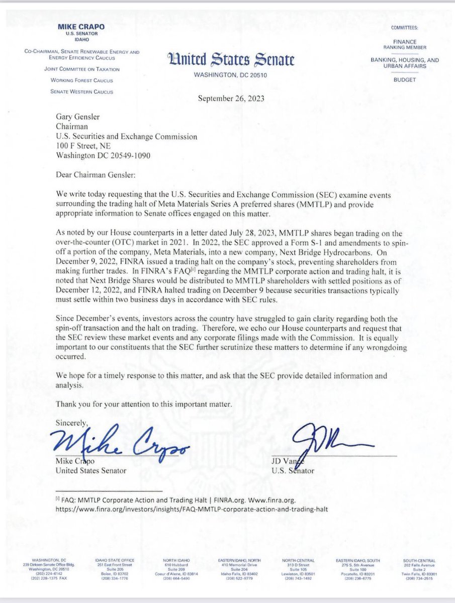 ThomasMurphy4SC's tweet photo. Senator Mike Crapo, and Senator JD Vance wrote a letter to Gary Gensler regarding $MMTLP. This must not be overlooked. @JDVance1, let’s bring justice for all those affected by #MMTLP. https://t.co/ICw040UYDu