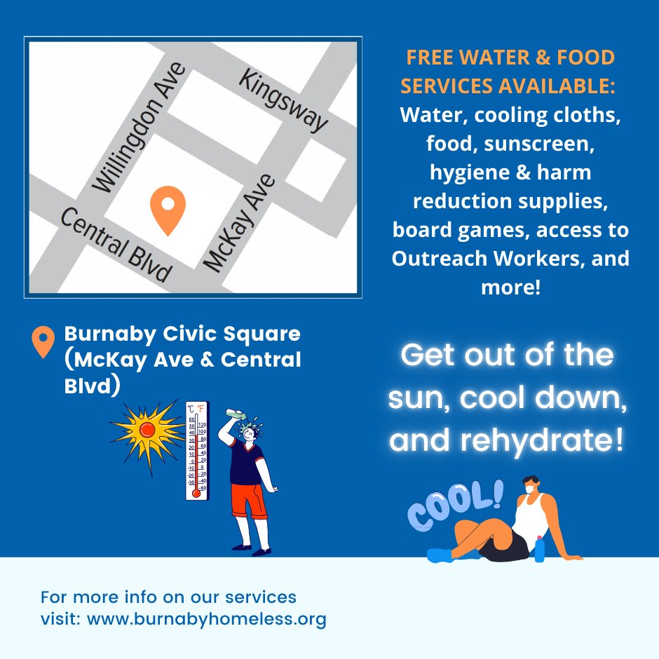 🌞It's hot outside! Our cooling centres will be open Jul 16 &amp; 17 from 11-5:30 pm.    📷Civic Square (6100 Willingdon Ave, outside Bob Prittie Metrotown Library) #burnabybc