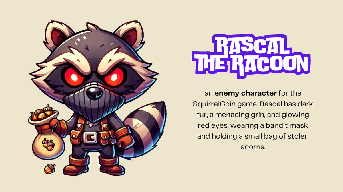 Squirrelonbase's tweet photo. Just wanted to share a quick update on our Squirrel Coin Game Assets. Here's the first look at one of the bosses: Rascal the Raccoon! https://t.co/Y7gpckXSsV