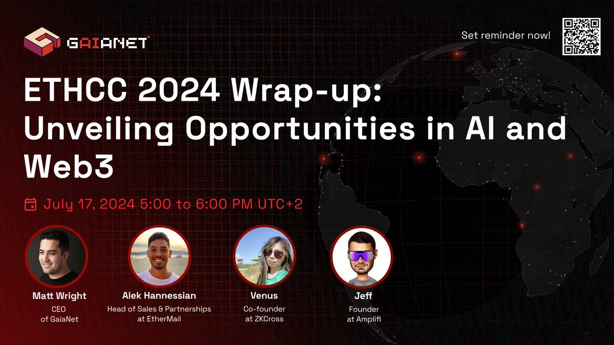 Gaianet_AI's tweet photo. Join us for the engaging recap for the #Ethcc2024🇧🇪 on @GaiaNet_AI X Spaces! 

Our esteemed panelists include our CEO @mateo_ventures, Alek Hannessian, the head of sales & partnerships from @ethermail_io, Venus, co-founder of @thezkcross, and Jeff, the founder of @Amplifi_Fi. 

🗓 17th July at 5:00 PM (UTC+2)! 

🔥 See you soon!