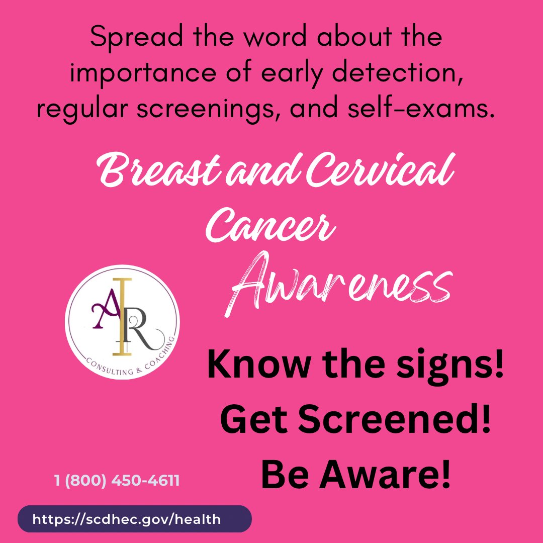 airconsultllc's tweet image. Don’t wait. Schedule your cervical and breast cancer screenings today. Early detection can save your life. #AIRConsulting #BCN #DHEC #EarlyDetection #ScheduleYourScreening