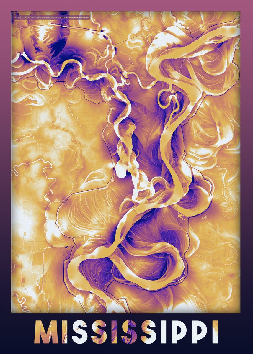 Srobinger's tweet image. Uno de los archivos cartográficos con los que más me gusta jugar son los #DEM. Y concretamente... la técnica #REM (Modelo de Elevación Relativa) sobre archivos de alta resolución
En el #PostEarth🗺️🌍 de hoy... una aplicación técnica del REM con los meandros del río #Mississippi