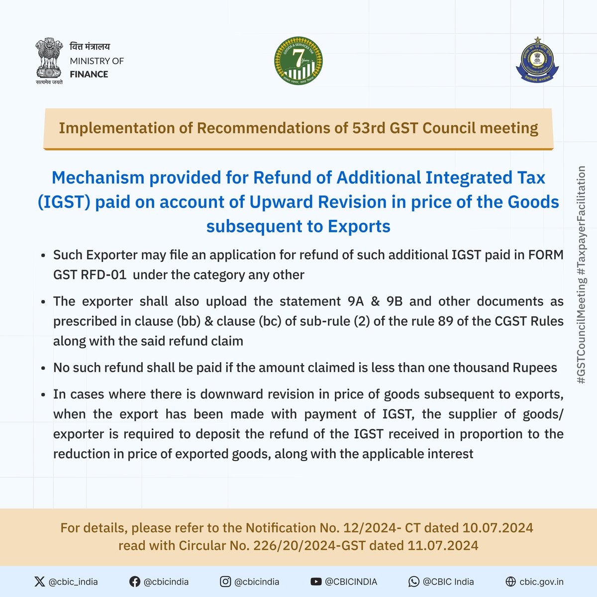 cbic_india's tweet photo. Mechanism provided for refund of Additional IGST paid on account of Upward Revision in price of the Goods subsequent to Exports https://t.co/TVs76MHbwx