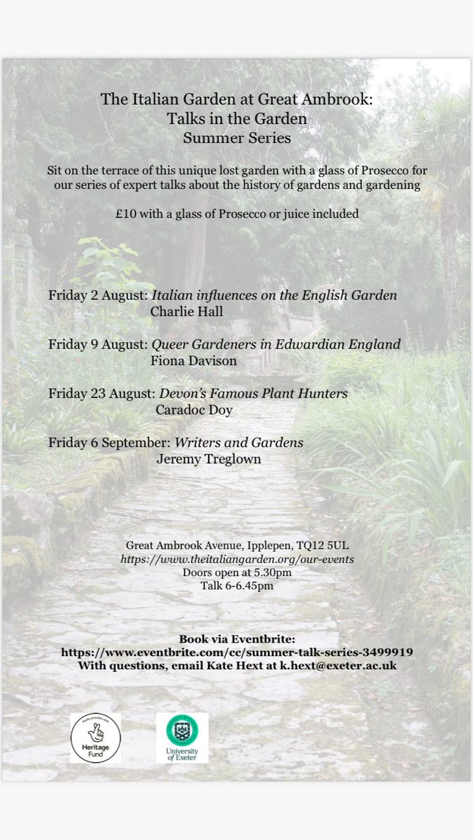 The Italian Garden at Great Ambrook: Summer Series: expert talks + Prosecco = a good Friday night, held at a gorgeous lost gay garden in South Devon. 
Please come; please spread the word
Tickets:
eventbrite.co.uk/o/the-italian-…
<a href="/artsandculturex/">Arts and Culture University of Exeter</a> @jcphall <a href="/fjd65/">fiona davison</a> <a href="/DevonGardens/">Devon Gardens Trust</a>