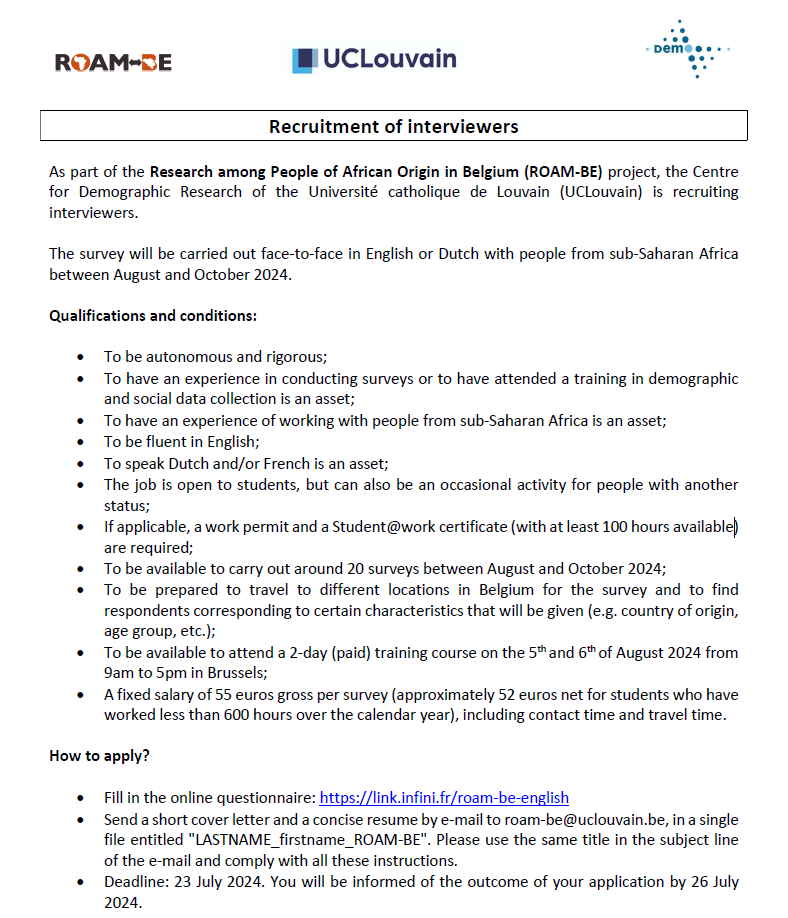 CESSMIR (@cessmir) on Twitter photo ⚠️ Join the ROAM-BE Team as an Interviewer!
<a href="/DemographieLLN/">DEMO LLN 🇧🇪</a> at UCLouvain is looking for interviewers to join the Research among People of African Origin in Belgium (ROAM-BE) project. For more details, you can contact the survey team at roam-be@uclouvain.be. ⚠️ Join the ROAM-BE Team as an Interviewer!
<a href="/DemographieLLN/">DEMO LLN 🇧🇪</a> at UCLouvain is looking for interviewers to join the Research among People of African Origin in Belgium (ROAM-BE) project. For more details, you can contact the survey team at roam-be@uclouvain.be.