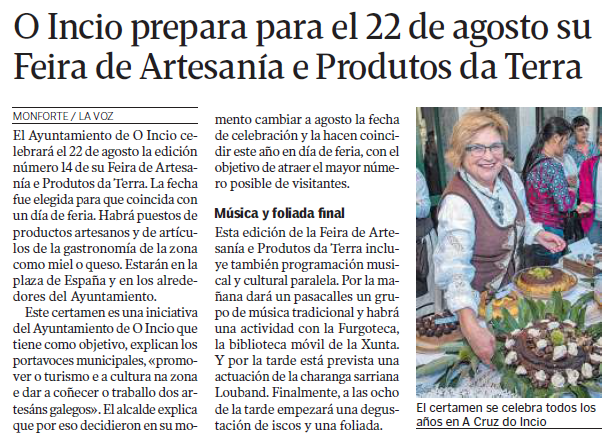 #feiraartesanía

O Incio prepara para o 22 de agosto a súa Feira de Artesanía e Produtos da Terra.

🗞 La Voz de Galicia