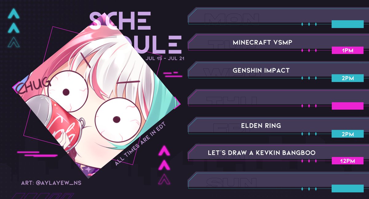 AylaYew's tweet photo. Schedule Jul 15 - 21
New week, New streams
Tues: The mines are calling
Wed: Genshin is back
Friday: I learned new tricks in Elden Ring
Sat: We are joining the ZZZ fanart contest!
General: #AylaYew
Live: #AyLive
Art: #YewDraw
Meme: #AyLaugh
Oshi Mark: ππ«΅ https://t.co/eK32aczFhW