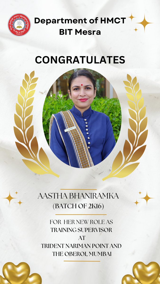 hmct_bitmesra's tweet photo. It gives us great pleasure and pride to extend my heartfelt congratulations to Aastha on her promotion to the esteemed position of Training Supervisor at Trident Nariman Point and The Oberoi Mumbai.

Her accomplishment is truly inspiring.

Wishing her all the best !! https://t.co/sXEpKFzoxe