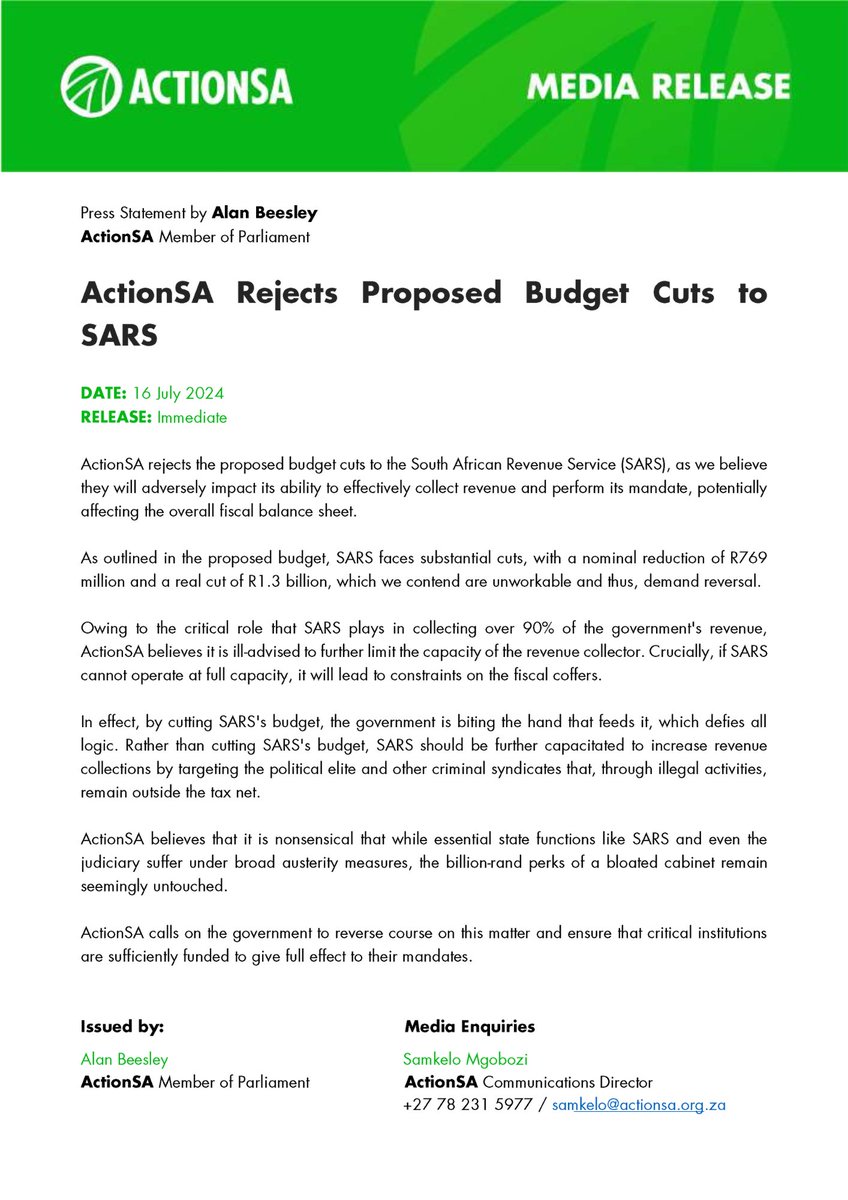 ActionSA_LP's tweet photo. Press Statement by Alan Beesley
ActionSA Memeber of Parliament

ActionSA Rejects Proposed Budget Cuts to SARS

DATE: 16 July 2024
RELActEASE: Immediate https://t.co/s1hBFJTM7G