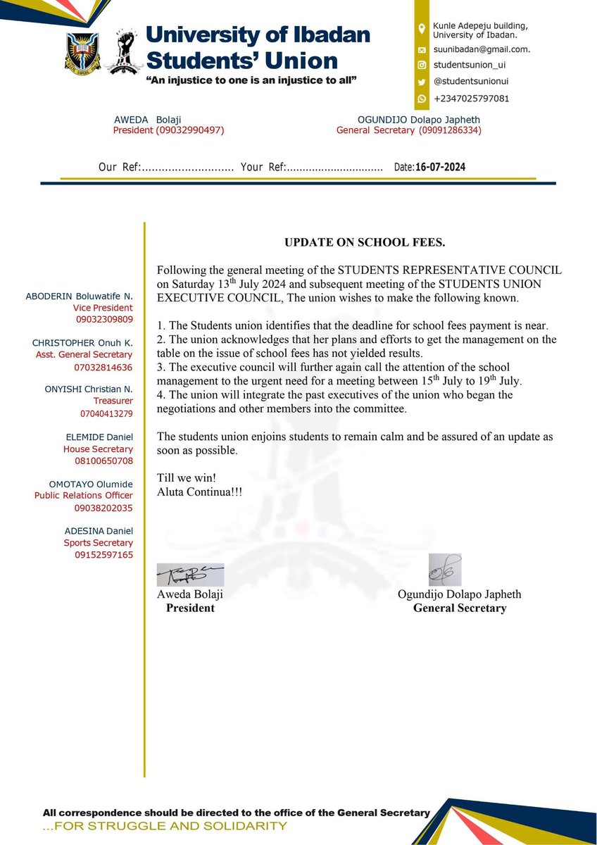 UPDATE ON THE SCHOOL FEES