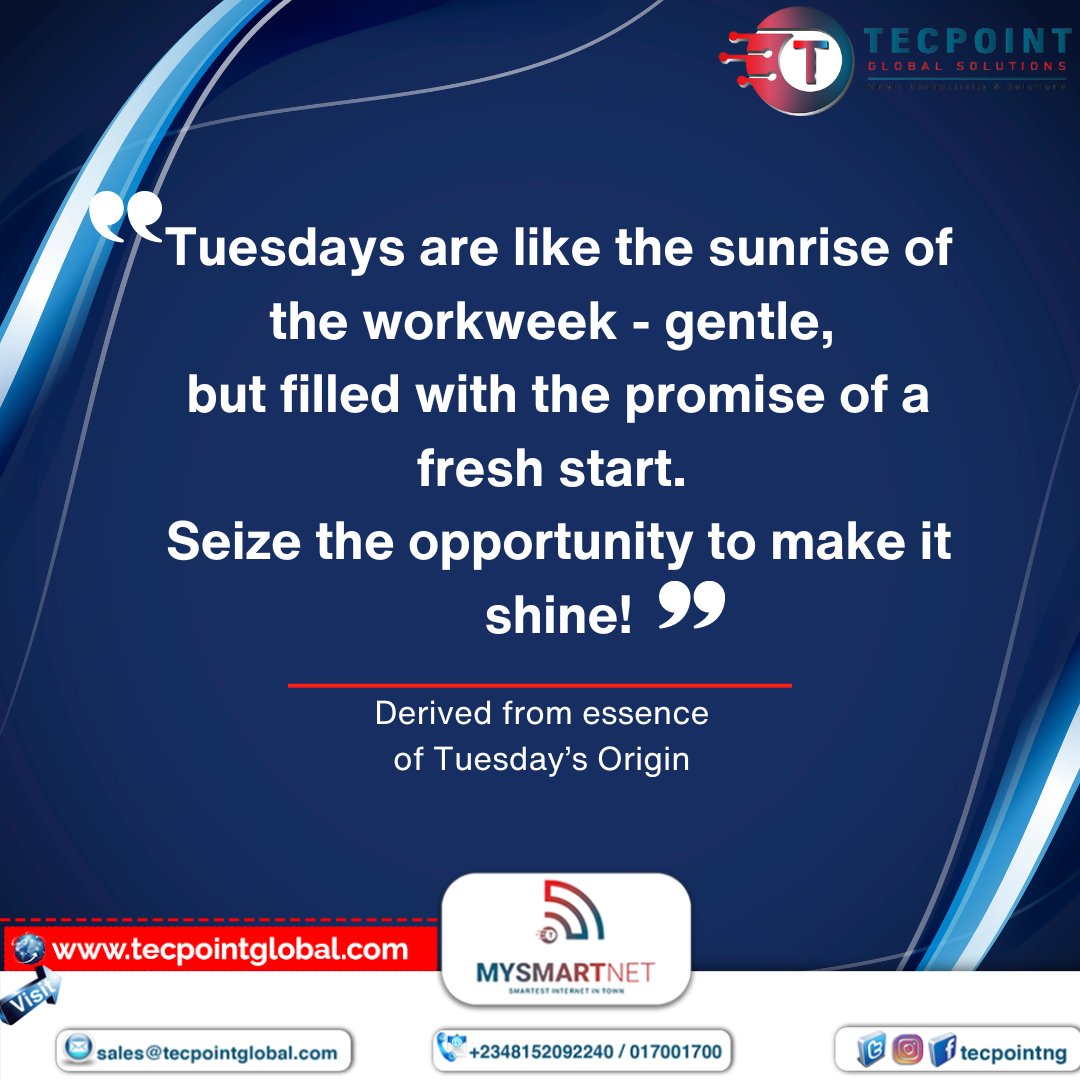 tecpoint_ng's tweet image. Hello Tuesday! You&apos;re going to be a good. Make it Shine.
#mysmartnet #tecpoint #happytuesday
