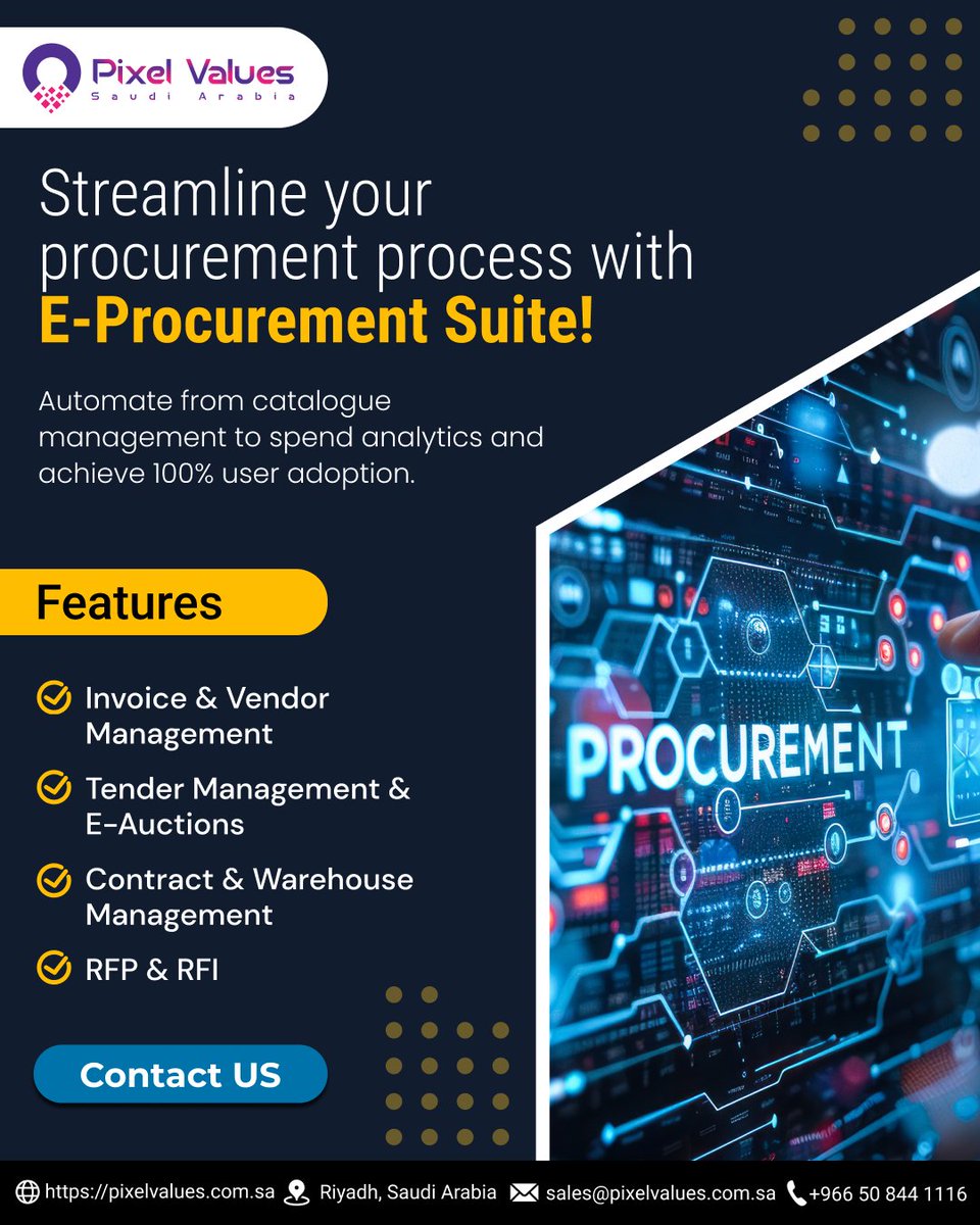 pixelvaluesksa's tweet photo. οΏ½οΏ½οΏ½ Streamline your #ProcurementProcess with E-Procurement Suite! Automate everything from #CatalogueManagement to spend analytics.
π https://t.co/hFEnTum1Y1
#PixelValuesSaudiArabia #PixelValuesKSA #EProcurement #CostSavings #PixelEProcurement #Riyadh #SaudiArabia #Saudi https://t.co/LPJvw9RjFi