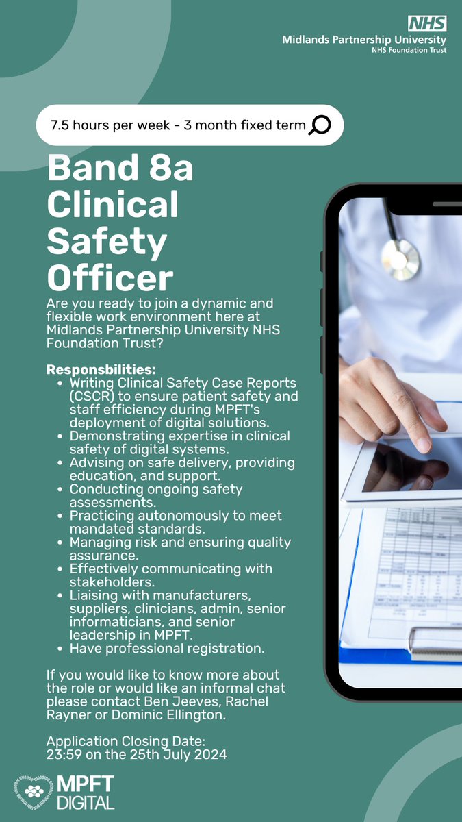 MPFT Digital (NHS) (@mpftdigital) on Twitter photo Join us as a #ClinicalSafetyOfficer at <a href="/mpftnhs/">Midlands Partnership University NHS FT</a>!
Be part of digital, championing clinical safety in healthcare. Your insight will play a key role in managing risk during system deployments, upgrades, and decommissioning
Apply before: 25/07/2024
๐healthjobsuk.com/job/v6363591 Join us as a #ClinicalSafetyOfficer at <a href="/mpftnhs/">Midlands Partnership University NHS FT</a>!
Be part of digital, championing clinical safety in healthcare. Your insight will play a key role in managing risk during system deployments, upgrades, and decommissioning
Apply before: 25/07/2024
๐healthjobsuk.com/job/v6363591