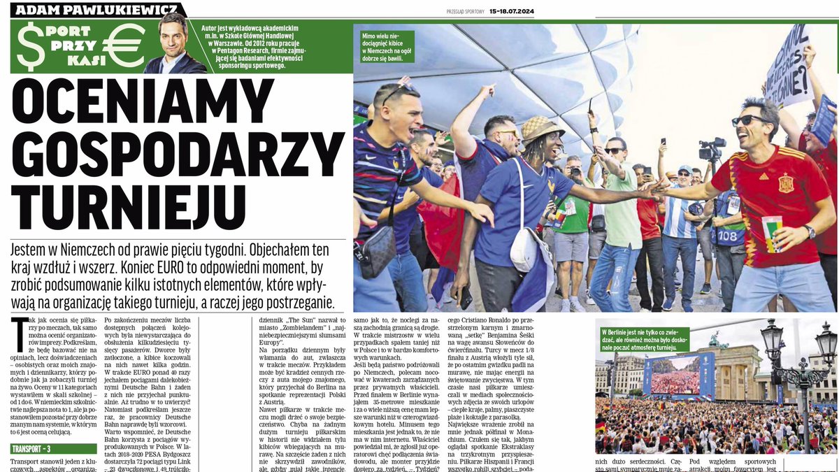 ⚽🇩🇪 W ramach mojej ostatniej korespondencji z EURO szeroko oceniłem kluczowe aspekty organizacyjne turnieju tj. transport, bezpieczeństwo czy baza noclegowa dla kibiców. Wystawiłem również noty miastom-gospodarzom.

📰 Zapraszam do lektury mojej analizy. Papierowe wydanie