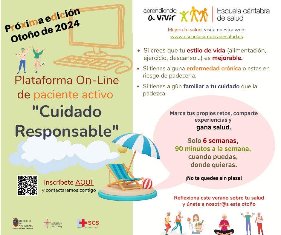 ¿Tienes tiempo para reflexionar en vacaciones? Aprende a gestionar mejor tu salud y conviértete en un paciente activo y responsable 🚀 Únete a nuestro Curso Online de Paciente Activo 🍂 Inicio: Octubre 2024. Modalidad: Online, a tu ritmo. Inscríbete aquí: escuelacantabradesalud.es/.../-/form/186…