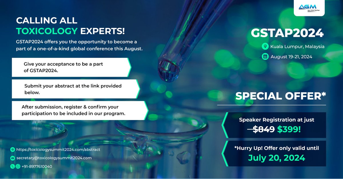 StanLee38692129's tweet photo. The Global Summit on Toxicology and Applied Pharmacology in Kuala Lumpur, Malaysia. Register and confirm your participation now to be included in our tentative program! Enjoy a special registration fee of $399 instead of $849,

RegisterNow:https://t.co/fcMh1w9Pow https://t.co/ZQgSn1Asj5