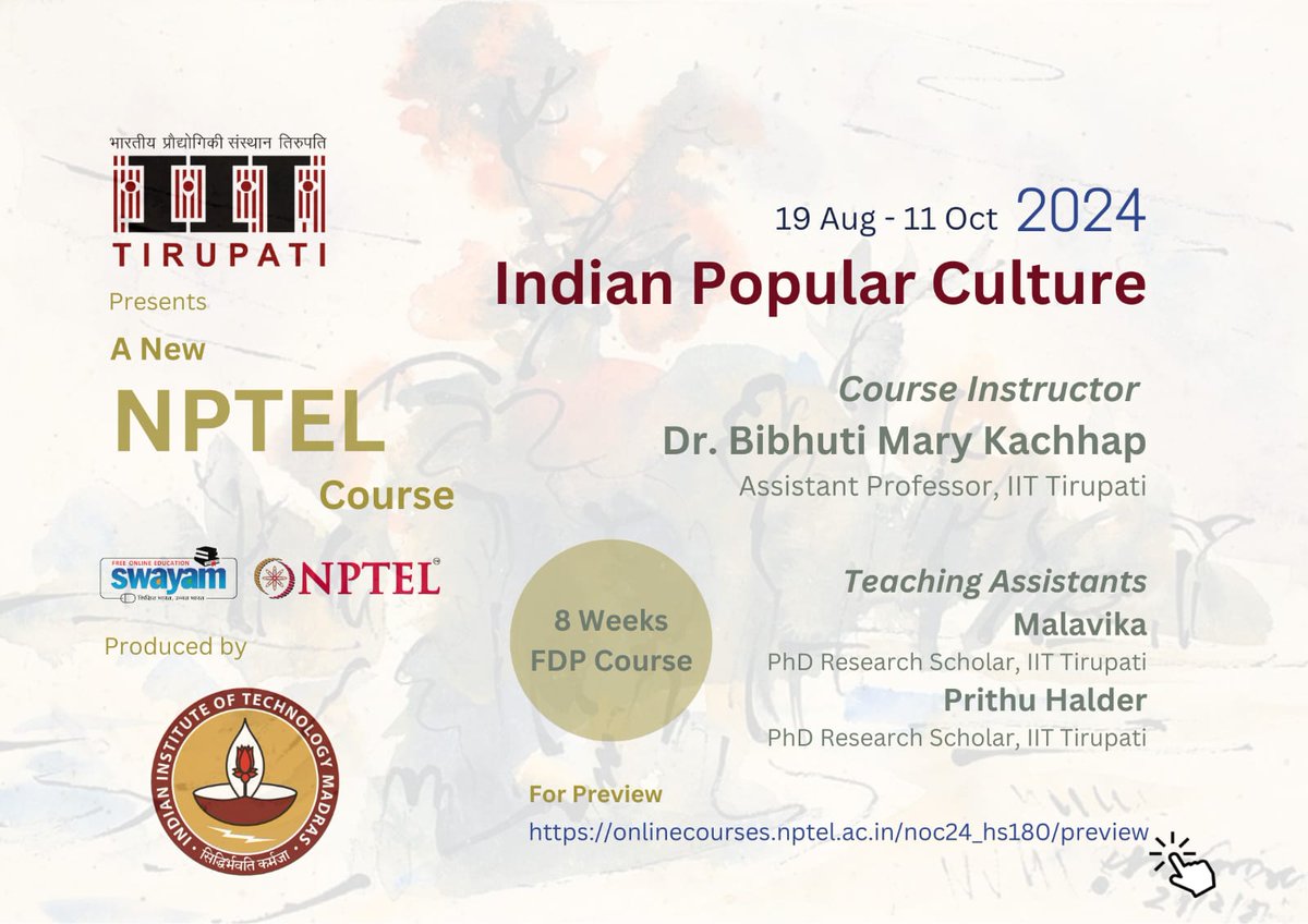 sreepurnadatta's tweet photo. My friend @PrithuHalder1 is TA for this really exciting #NPTEL course on Indian popular culture. The undergrad version of me was desperately looking for the kind of content listed for Weeks 5-8. Glad this exists now! ✨ Registrations: https://t.co/9GlYvHNZr8 https://t.co/8rEXsvYxhQ