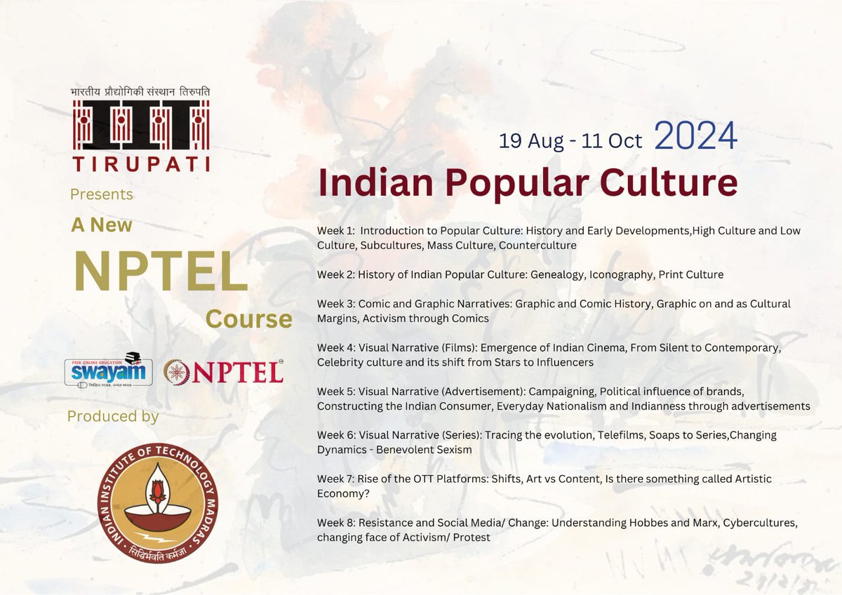 Sreepurna (@sreepurnadatta) on Twitter photo My friend <a href="/PrithuHalder1/">Prithu Halder</a> is TA for this really exciting #NPTEL course on Indian popular culture. The undergrad version of me was desperately looking for the kind of content listed for Weeks 5-8. Glad this exists now! ✨ Registrations: onlinecourses.nptel.ac.in/noc24_hs180/pr… My friend <a href="/PrithuHalder1/">Prithu Halder</a> is TA for this really exciting #NPTEL course on Indian popular culture. The undergrad version of me was desperately looking for the kind of content listed for Weeks 5-8. Glad this exists now! ✨ Registrations: onlinecourses.nptel.ac.in/noc24_hs180/pr…