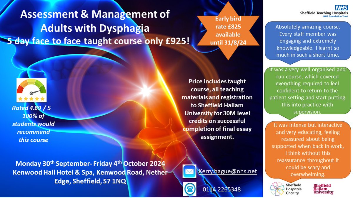 Anita Smith (@smith8anita) on Twitter photo The Sheffield Assessment & Management of Dysphagia in Adults is coming in Sept. Secure your place now for this 100% recommended course with a discounted early bird offer until 31st August!
Watch this to find out more lnkd.in/epuHFcdh <a href="/UKSRG2/">UKSRG</a> <a href="/HazelRoddam1/">Hazel Roddam, FRCSLT</a> <a href="/profpleslie/">Paula Leslie</a> The Sheffield Assessment & Management of Dysphagia in Adults is coming in Sept. Secure your place now for this 100% recommended course with a discounted early bird offer until 31st August!
Watch this to find out more lnkd.in/epuHFcdh <a href="/UKSRG2/">UKSRG</a> <a href="/HazelRoddam1/">Hazel Roddam, FRCSLT</a> <a href="/profpleslie/">Paula Leslie</a>
