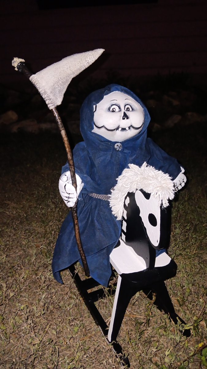 HeyJenocide's tweet image. Upcycled a Cabbage Patch Kid into a proper Garbage Pail Kid. I'm proud to present Grim Jim riding on his pale rocking horse with his plushy scythe. #GPK #upcycle #cpk