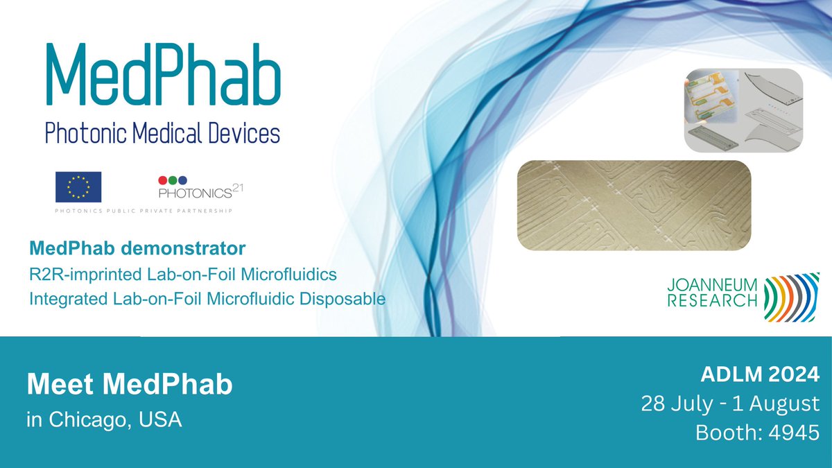 MedPhab Pilot Line (@medphab) on Twitter photo One of the demonstrators you could see at the MedPhab booth (4945) during the #ADLM2024 are R2R-imprinted Lab-on-Foil Microfluidics and Integrated Lab-on-Foil Microfluidic Disposable.
@JOAN_RESEARCH developed demonstrators.
#photonics #photonicseu #medicaldevices <a href="/Photonics21/">Photonics21</a> One of the demonstrators you could see at the MedPhab booth (4945) during the #ADLM2024 are R2R-imprinted Lab-on-Foil Microfluidics and Integrated Lab-on-Foil Microfluidic Disposable.
@JOAN_RESEARCH developed demonstrators.
#photonics #photonicseu #medicaldevices <a href="/Photonics21/">Photonics21</a>