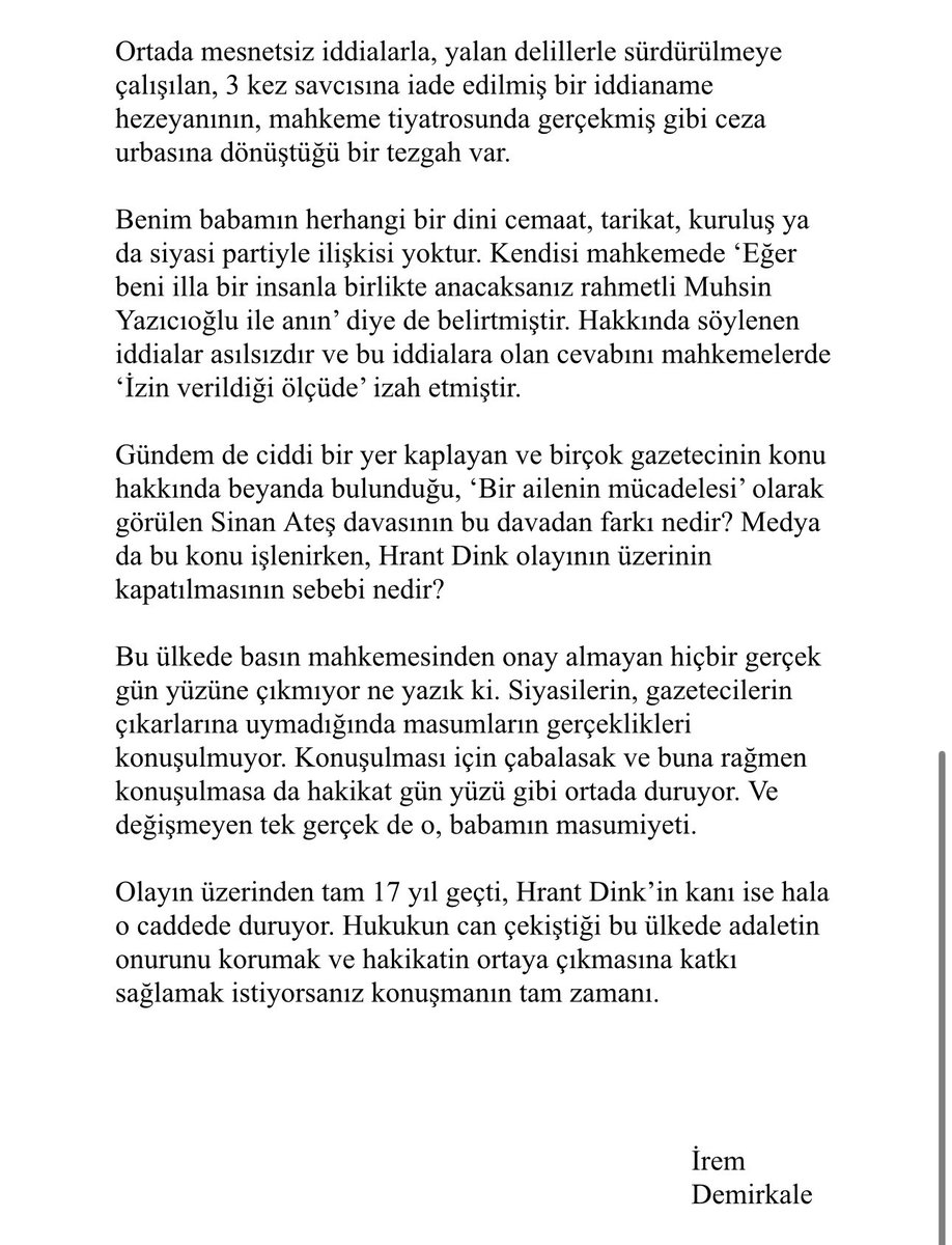 #DinkDava Başta Dink ailesi olmak üzere gerçek suçluların ortaya çıkması için çabalayan tüm insanlara babam adına sesleniyorum. Konuşmanın tam zamanı.