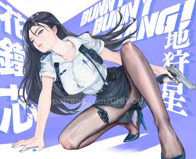 七月角色July character. 地狩星-花鐵芯 刑警Agent/164cm/25y 柔術高手,喜歡羊毛氈。 A jiu-jitsu expert who enjoys felting. #longhair #miniskirt #stockings #pistal