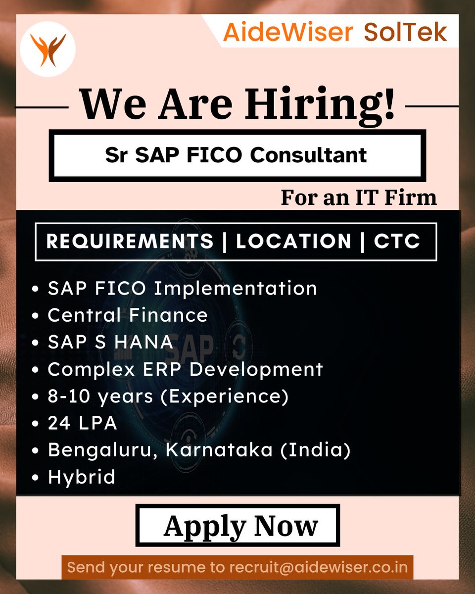 aidewiser's tweet image. We're looking for a seasoned Sr. SAP FICO Consultant to help us drive financial excellence! let's connect! #Recruitmentmatlabaidewiser Send your resume to recruit@aidewiser.co.in #AideWiser #SAPSolutions #FICOConsultant #BengaluruJobs #CareerGrowth #FinanceAndIT