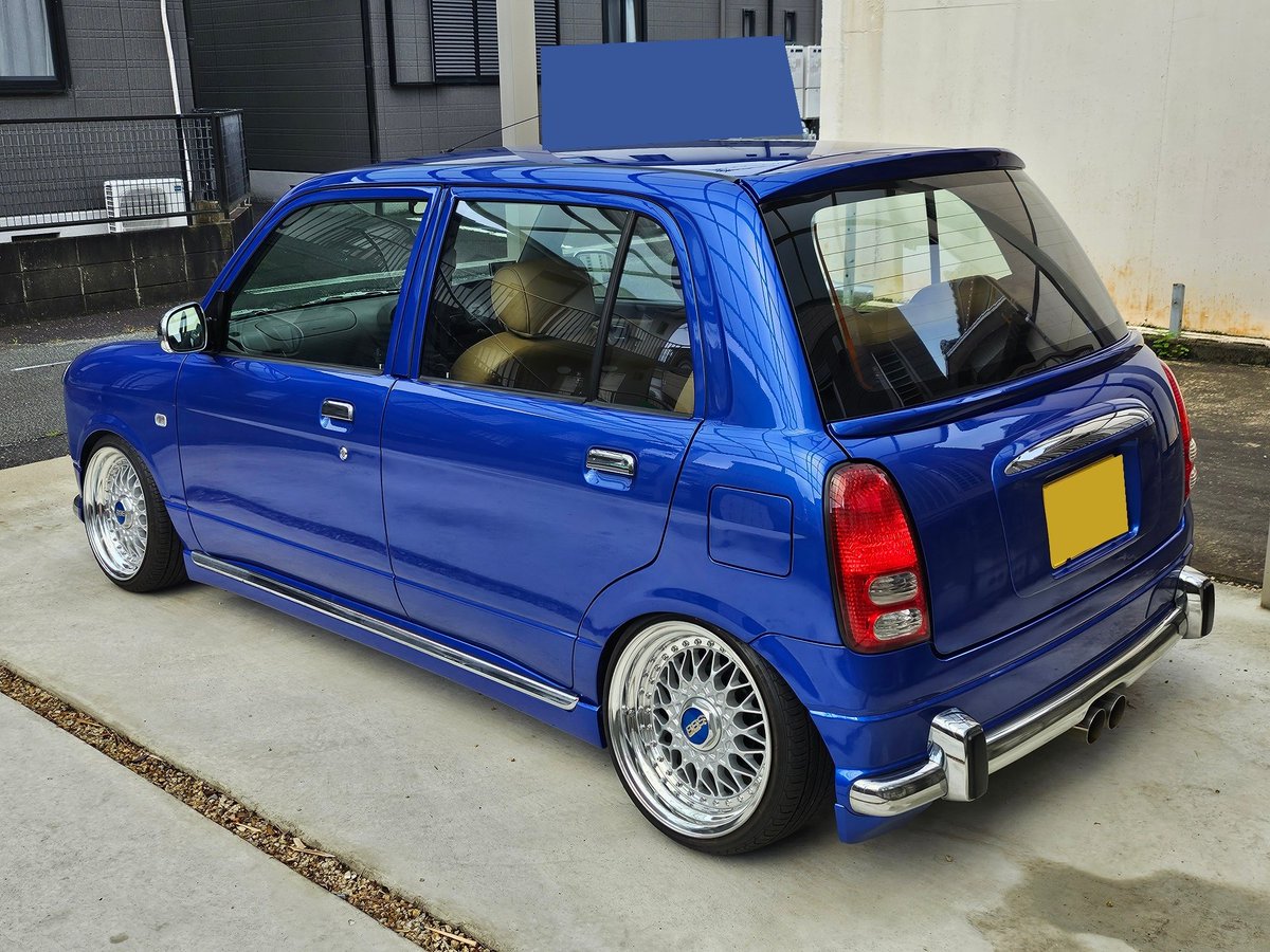 MiraGino_Nyanpa's tweet photo. NEW STYLE

エアロ3点(リップ、サイド、リアウイング)換装

ホイールディスク(シルバー)塗装

車検公認アヒル独立アクスル換装

リアフェンダー加工

バイザー撤去

リアハッチ素ガラスのモノに交換し鍵穴スムージング

リアガラス素ガラス交換

ガラス全面フィルム施工

純正ブルー全塗装

樹脂類塗装 https://t.co/Ej3HuCkFOl