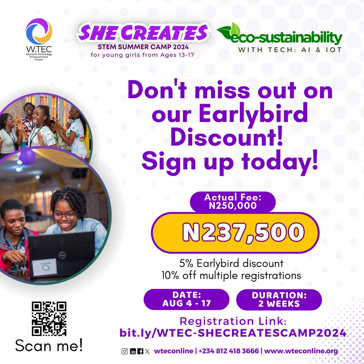wteconline's tweet photo. Parents, don't miss out on our Early Bird discount! 

Enrol/sponsor a girl to break stereotypes and limits by being a part of our residential STEAM (Science, Technology, Engineering, Arts and Mathematics) Camp!

#wtecng #summerholidays #girlsinstem  #steamcamp #techcampinlagos https://t.co/BhzTbHjeOA
