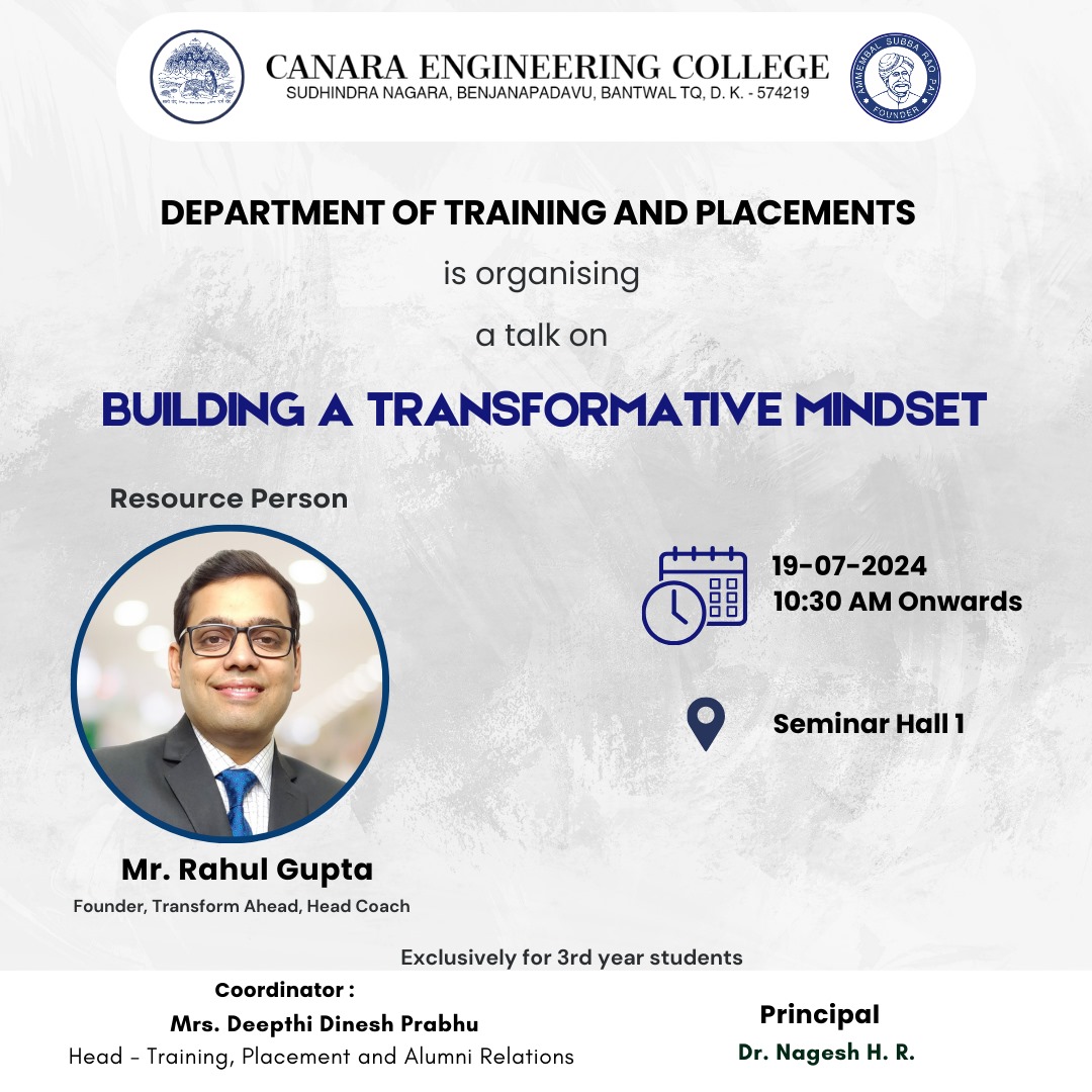 cecmangalore's tweet photo. *Ready to unlock your potential?*

An engaging session on *"Building a Transformative Mindset"* with Mr. Rahul Gupta Founder and Head Coach Transform Ahead.
Rahul is a highly experienced ICF-PCC Coach with 21+ years of success across Coaching and Corporate Leadership. https://t.co/TQmh5D4Eua